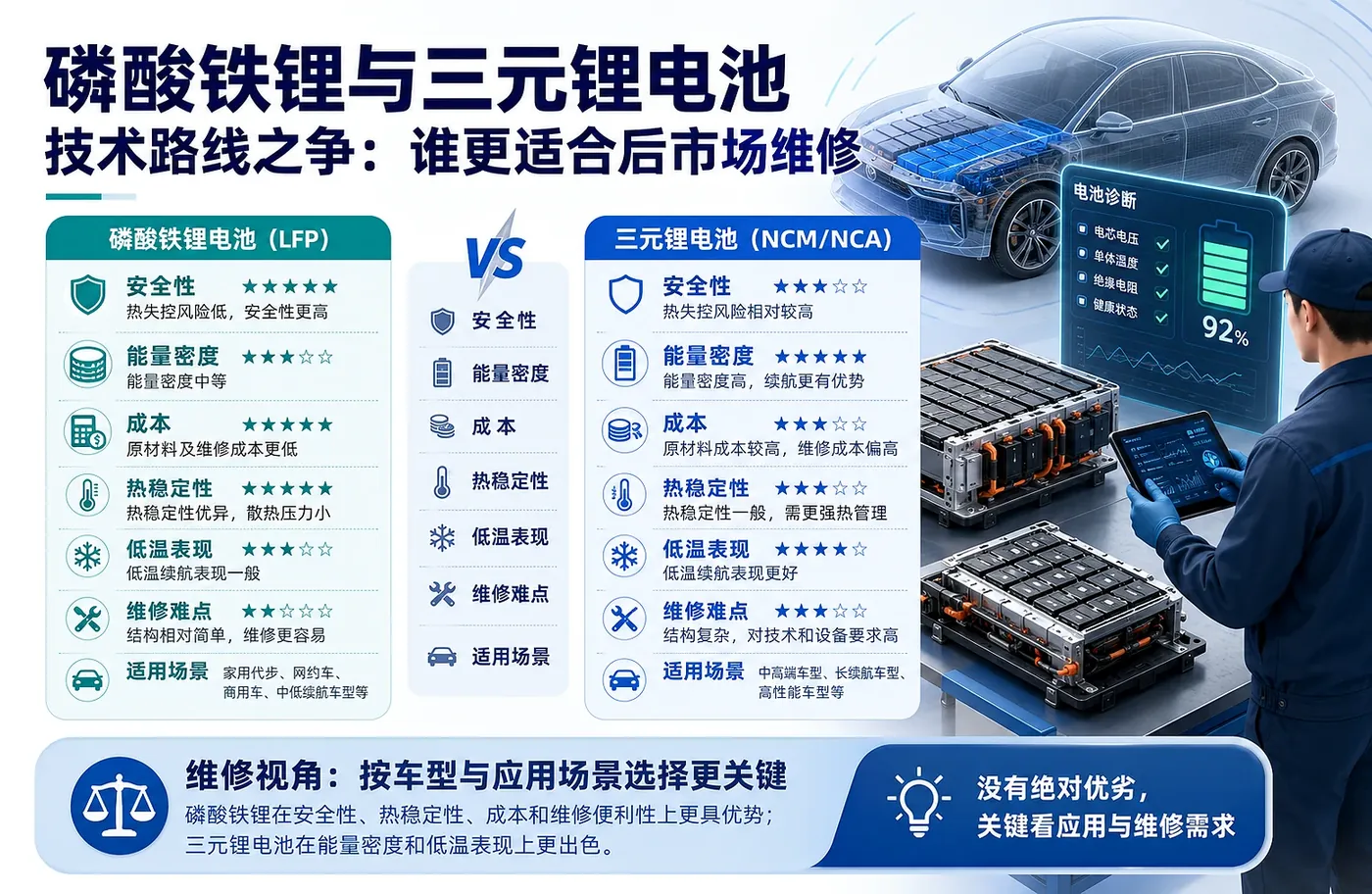磷酸铁锂与三元锂电池：维修诊断关注点有什么不同